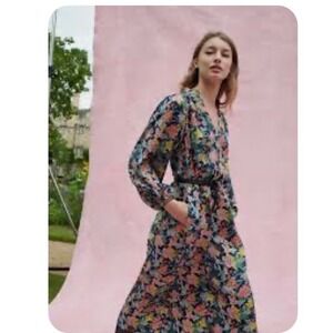 Boden Notched Neck Blouson Midi Dress With Belt US14R Floral Print Multicolor